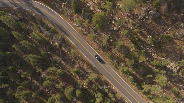 詳情圖-鳥瞰圖:越野車行駛在蜿蜒的山路上，穿過松林