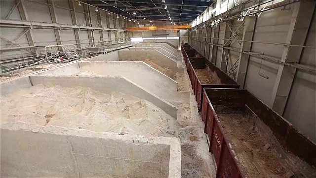 详情图-龙门起重机。货物装卸。用粘土卸载铁路货车。粘土仓库，原料仓库。