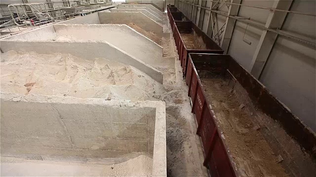详情图-龙门起重机。货物装卸。用粘土卸载铁路货车。粘土仓库，原料仓库。