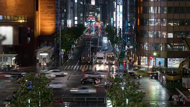 城市景观的时间流逝，特写，汽车灯光小径和人们在雨中行走的夜晚