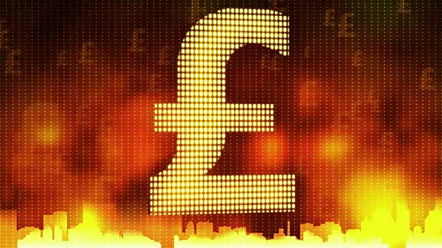 英镑标志放大红色背景，金融危机，债务违约，垄断