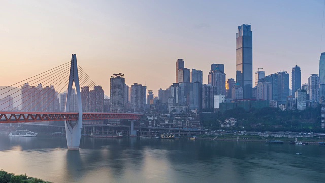 日出。重庆城市天际线。时间流逝。