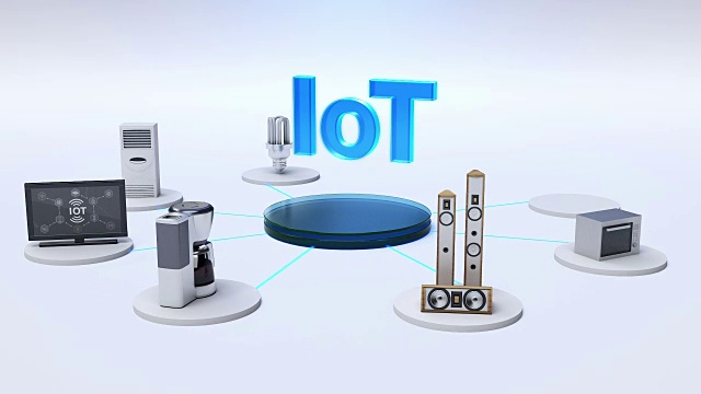 详情图-物联网技术连接显示器、微波炉、灯泡、洗衣机、空调、音响、咖啡壶、智能家电、物联网。