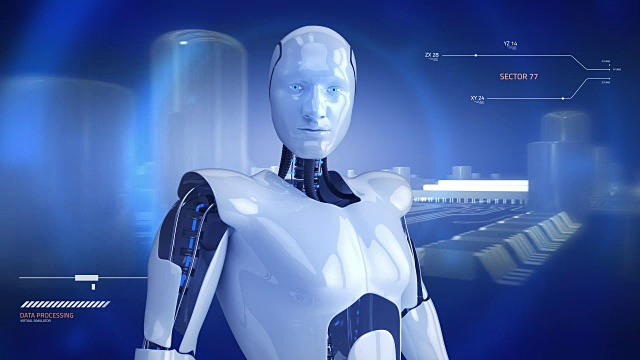 詳情圖-人形男性機器人緩慢旋轉與電腦主板動畫