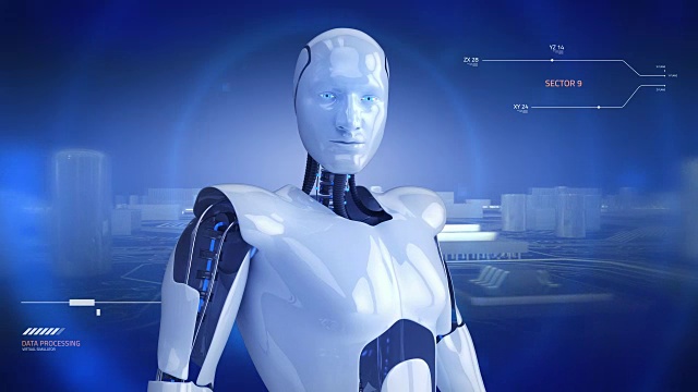 詳情圖-人形男性機器人緩慢旋轉與電腦主板動畫