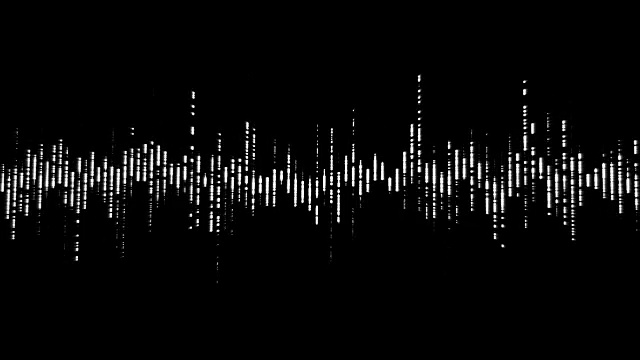蓝色数字均衡器音频声波在黑色背景上，立体声效果信号与竖线