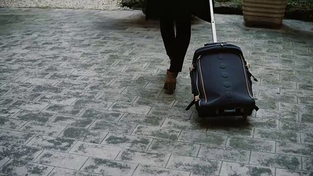 后视图的年轻迷人的女人与手提箱走在街上。穿着黑色衣服的女性正在新城市出现