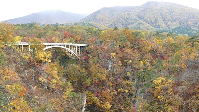 日本鸣子峡谷的秋色和漂亮的蓝色和云彩背景