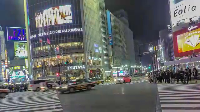 下着雨的日本东京，行人穿过涉谷十字路口。
