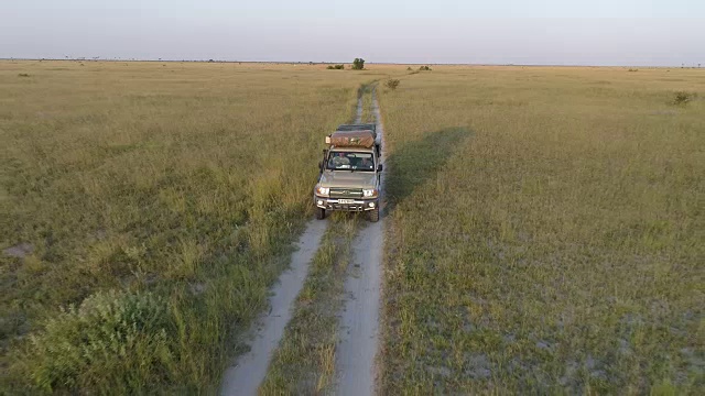 空中跟踪拍摄的狩猎车辆通过博茨瓦纳的草原