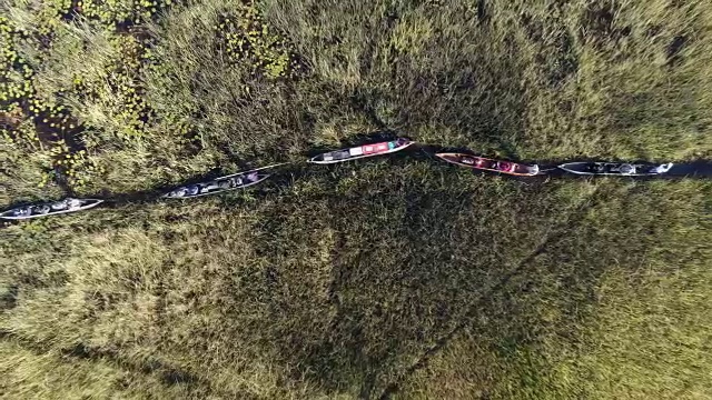 直下高空中平移的游客前往莫科罗狩猎沿着水路的奥卡万戈三角洲