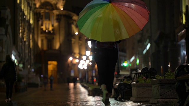 在雨夜的城市里，街道上挂满了路灯，柏油从雨中闪闪发光。辨认不出来的行人，年轻人，其中有漂亮的女孩拿着五颜六色的伞。休闲概念，季节，天气，现代城市的生活方式