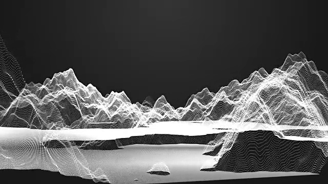 飞入抽象的颗粒山景观。粒子的波面。3 d的插图背景