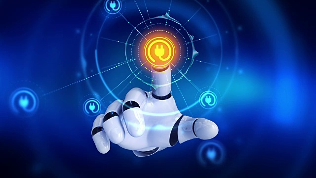 詳情圖-機器人的手觸摸屏幕，然后出現電源插頭符號