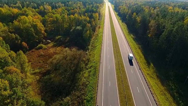 秋天森林里的乡间小路。公路森林空中景观