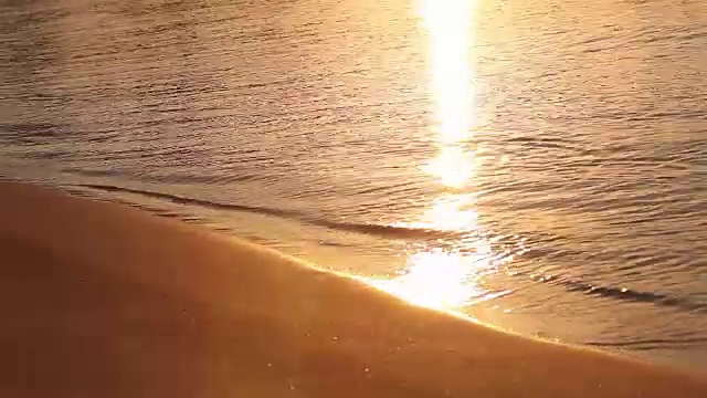 海浪在热带的海滩在黎明，早晨在海上，日出在海滩上，橙色的阳光，海滩和海日落，海日落，黎明，日落，太阳反射在水面上