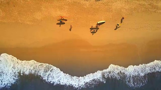詳情圖-航拍:一群人扛著沖浪板和長板在異國情調(diào)的沙灘上