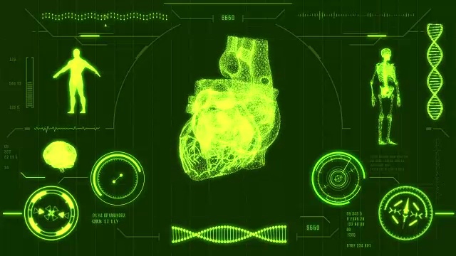 人类心脏扫描。未来的医疗用户界面与HUD和信息图表元素。虚拟技术背景。