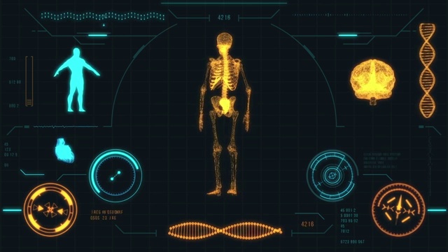 人类骨骼扫描。未来的医疗用户界面与HUD和信息图表元素。