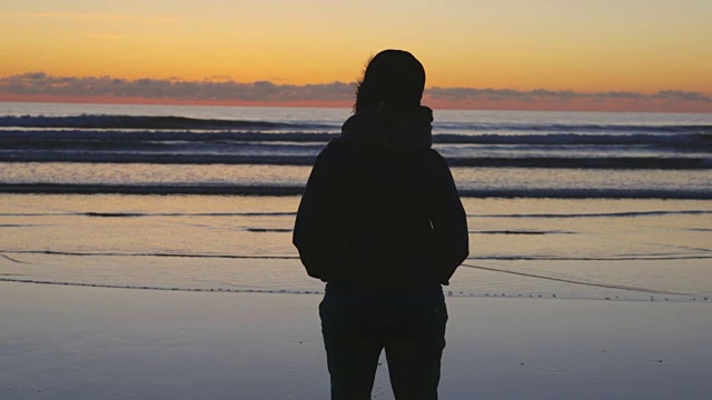 剪影女人看平静的海浪到达海岸在日落