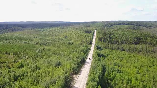 小货车在森林公路上行驶。