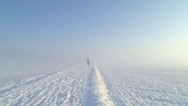 一个面目全非的女人走在雪道上，穿过雾蒙蒙的田野