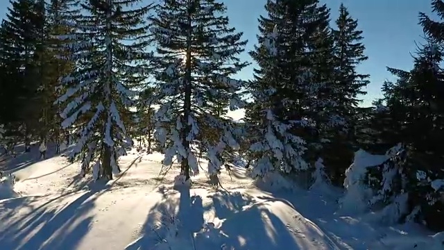 冬天的雪景。鸟瞰图。雄伟的雪山。自然旅游胜地