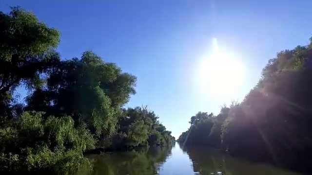 在多瑙河三角洲海峡上迎着太阳航行