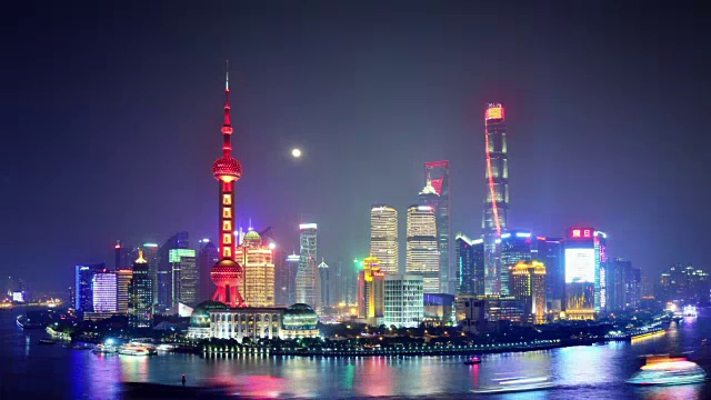 4K:之夜上海城市天际线，中国