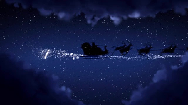 詳情圖-藍(lán)色的圣誕夜和云朵，圣誕老人的花招和馴鹿的剪影飛行顯示圣誕快樂(lè)的信息與文本空間放置標(biāo)志類型或復(fù)制。動(dòng)畫禮品賀卡4k視頻
