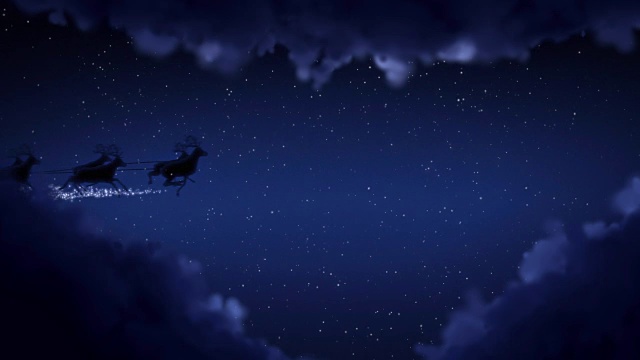 詳情圖-藍(lán)色的圣誕夜和云朵，圣誕老人的花招和馴鹿的剪影飛行顯示圣誕快樂(lè)的信息與文本空間放置標(biāo)志類型或復(fù)制。動(dòng)畫禮品賀卡4k視頻