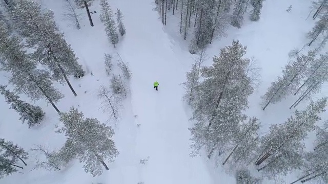航拍:一个不认识的人走在白雪覆盖的路上穿过神秘的森林