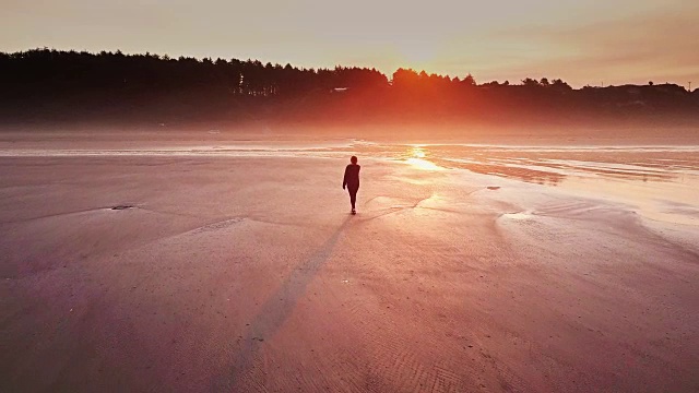航拍的女人独自行走在华盛顿海岸偏远的海滩上