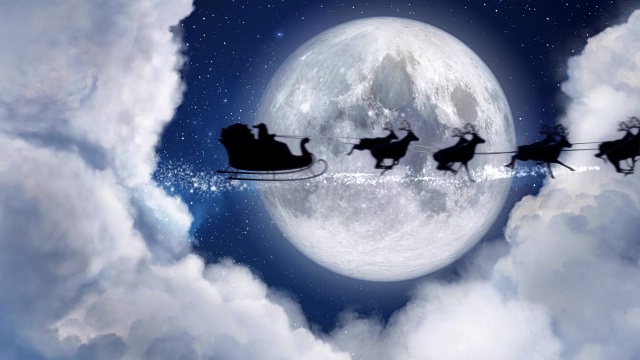 詳情圖-圣誕老人馴鹿的剪影在月光下飛翔，圣誕快樂(lè)短信，文字空間為標(biāo)志類(lèi)型或復(fù)制。17、平安夜明月夜云。動(dòng)畫(huà)禮品賀卡4k視頻