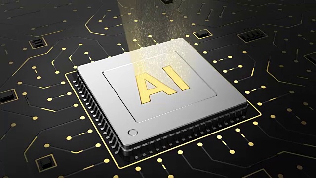 计算机芯片在电路背景上的3d渲染与AI符号。