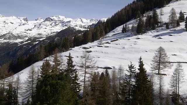 冬季无人机建立雪山下的森林森林山谷。雪山在户外自然。一边飞行。旅行探索阿尔卑斯山，4k俯视图视频