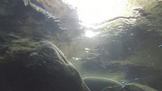 内景的河流与大的石头和水颗粒通过