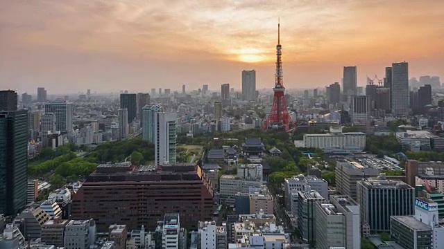 鸟瞰图东京塔和东京天际线城市景观在日落，日本