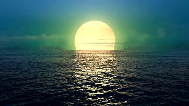绿色星球-日落在无缝循环的海洋。
