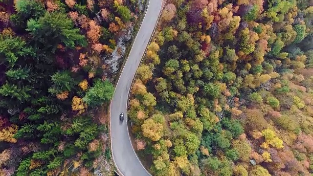 空中鸟瞰汽车行驶在五彩缤纷的秋天森林道路上。秋天有橙、绿、黄、红的树林。山区街道道路的建立。4k无人机飞行直线下降建立拍摄