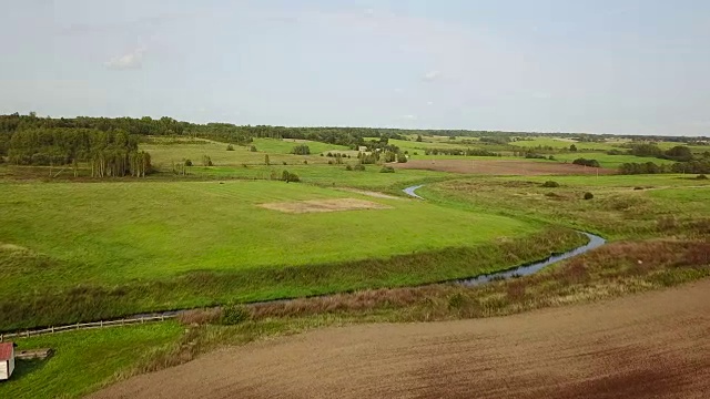 鸟瞰图的田野，草地，森林和蜿蜒的河流。航空摄影测量