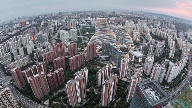 T/L TD鱼眼和鸟瞰图北京天际线/北京，中国
