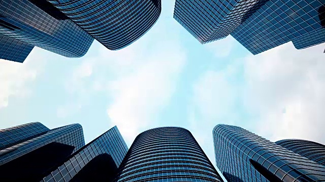高角度垂直方法的城市解决方案，城市生活与摩天大楼，办公大楼，公寓，3D渲染动画