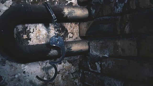 详情图-手铐被锁在一栋旧建筑的管子上