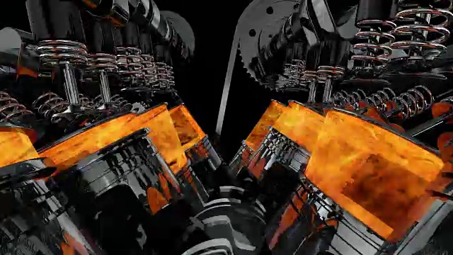 V8引擎的爆炸动画。镜头慢慢移动。