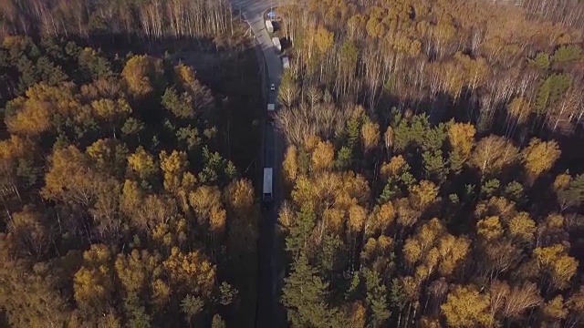 货运卡车和汽车在郊区的道路上穿过秋天的森林