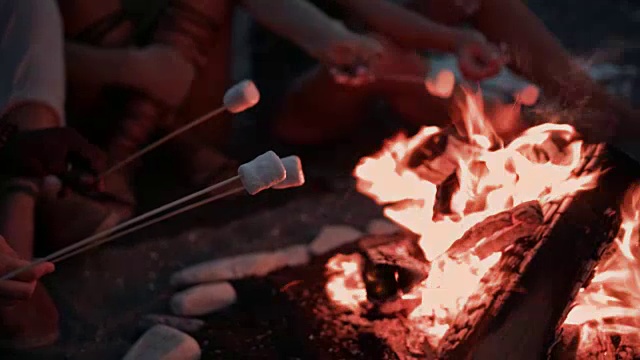 多民族男女在篝火上烤棉花糖串