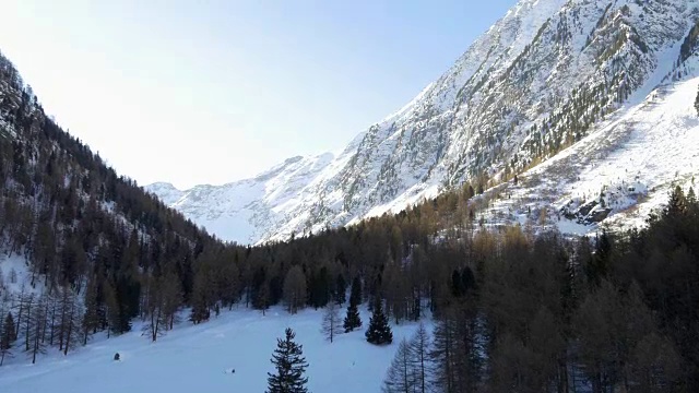 冬季无人机建立雪山下的森林森林山谷。雪山在户外自然。向前飞行。旅行探索阿尔卑斯山，4k俯视图视频
