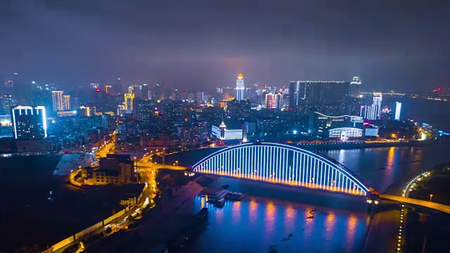 中国夜景时间照亮武汉城市景观青川大桥汉水河航拍全景4k时间流逝