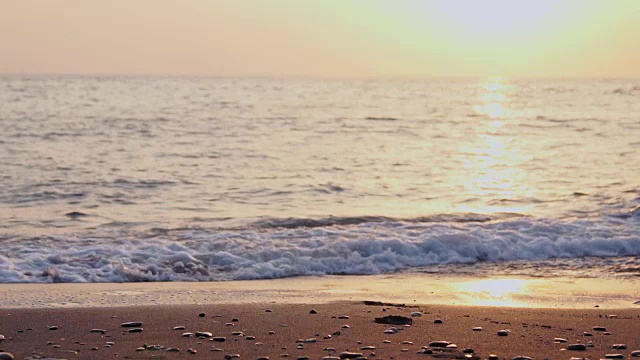 在夏天的日出或日落时，年轻的男人和女人在爱享受和沿着海洋海滩海边跑步的背影